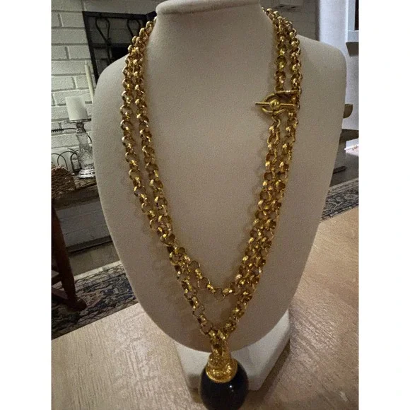 Anne Klein Gold Tone long Strand Rolo Chain Navy Blue Orb Pendant Necklace VTG - Picture 6 of 9